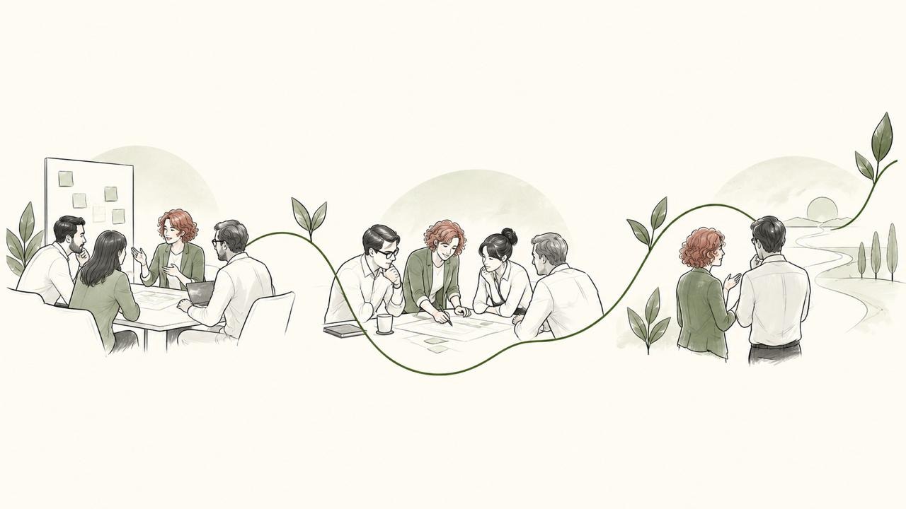 Illustrazione: tre momenti di lavoro con un team, collegati da un filo verde che cresce